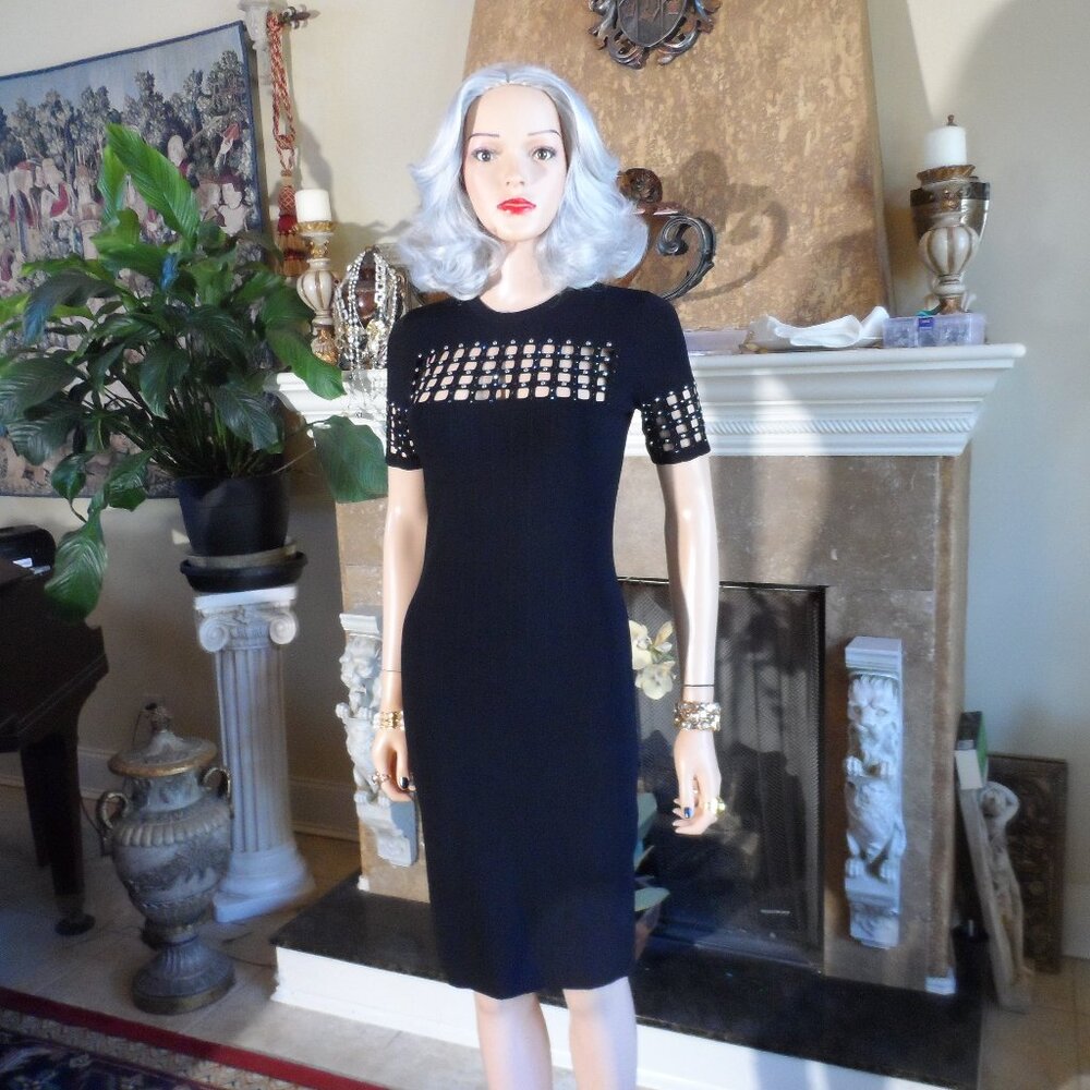 Versace Black Knit Sheath Dress w/Cutout Grid & Crystal/Stud Accents Size IT 38
